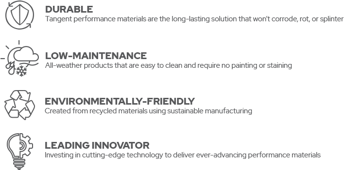 Durable: Tangent performance materials are the long-lasting solution that won't corrode, rot, or splinter - Low-maintenance: All-weather products that are easy to clean and require no painting or staining - Environmentally-friendly: Created from recycled materials using sustainable manufacturing - Leading innovator: Investing in cutting-edge technology to deliver ever-advancing performance materials